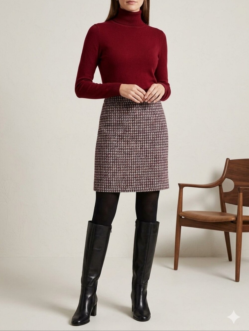 LOFT Burgundy Houndstooth Pencil Skirt Preppy Academia Frenchgirl Autumn